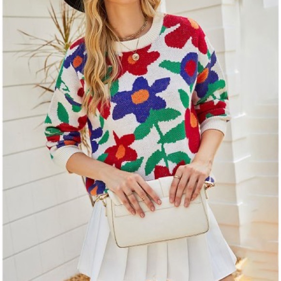 New Crew Neck Ivory Floral Knit Sweater with Red, Blue, Green, Orange Flowers - Picture 5 of 17